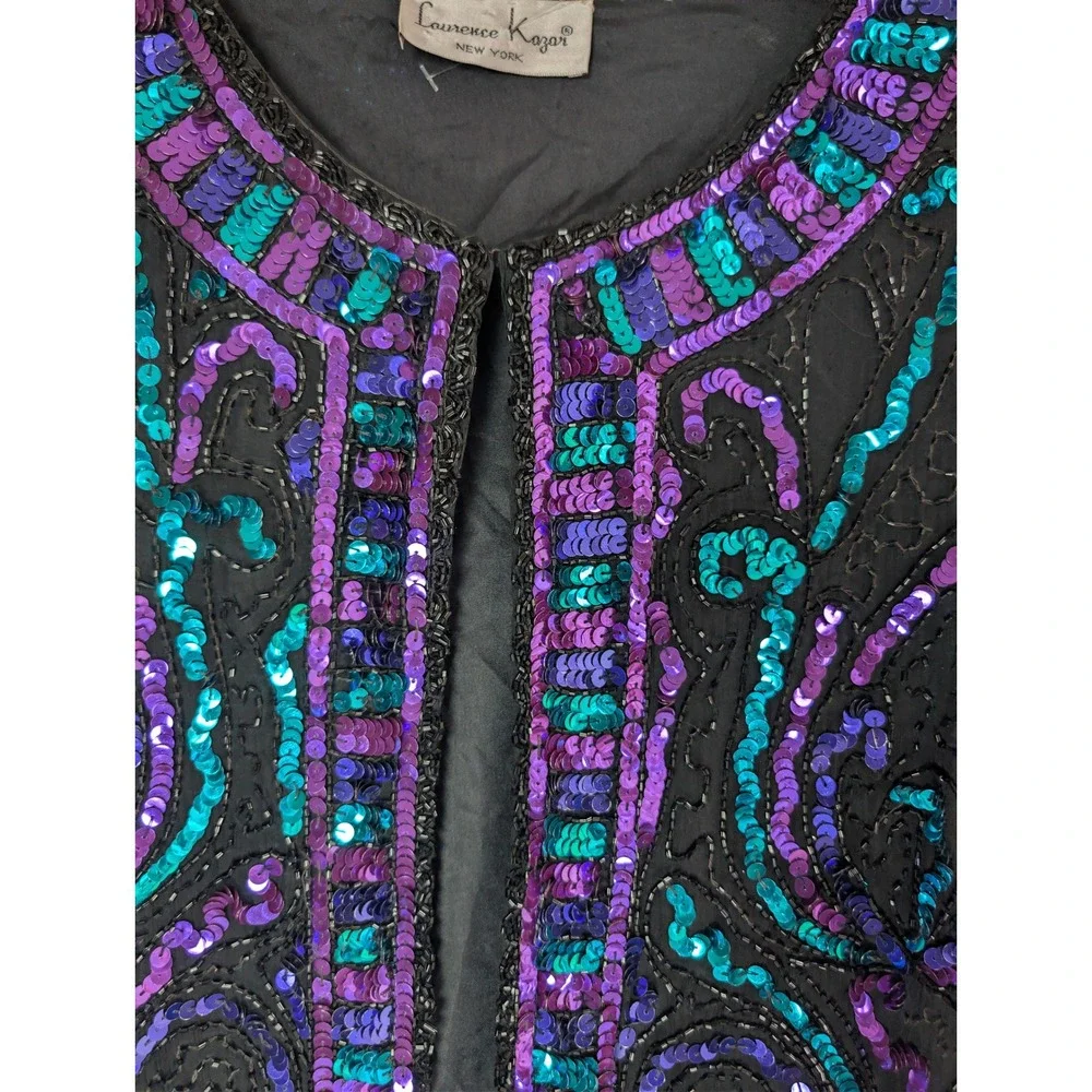 Laurence Kazar Vintage Sequin Beaded Jacket Purple Teal Black Open‎ Front Blazer